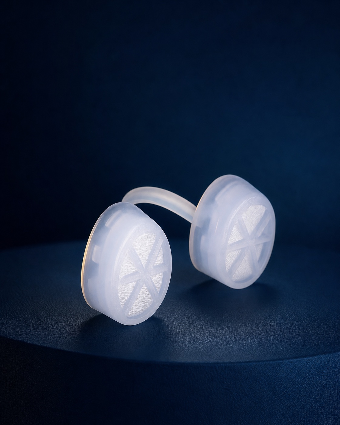Nasal Secure translucent twin nasal filter in a premium navy studio setting